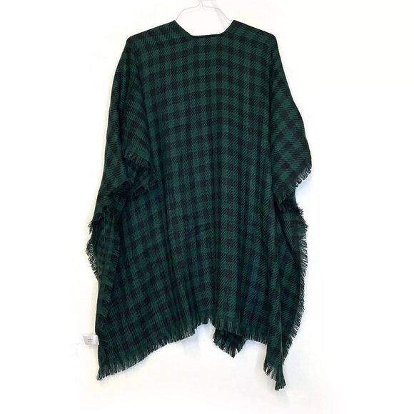 Andrée By Unit Black & Green Plaid buffalo Acrylic Shawl Poncho cardigan fringed - Picture 2 of 5